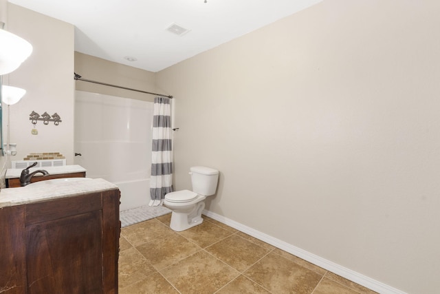 full bathroom with shower / bathtub combination with curtain, vanity, toilet, and tile patterned flooring