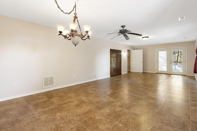 55 Lovers Ln, Branson West, MO 65737 - empty room featuring visible vents, baseboards, french doors, and ceiling fan with notable chandelier