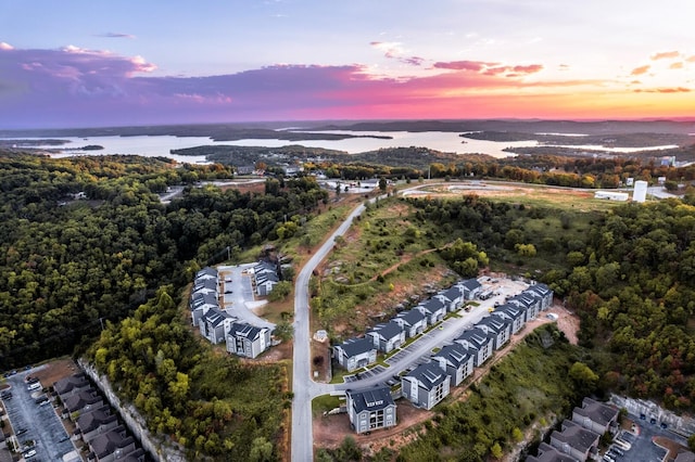 aerial view at dusk featuring a water view