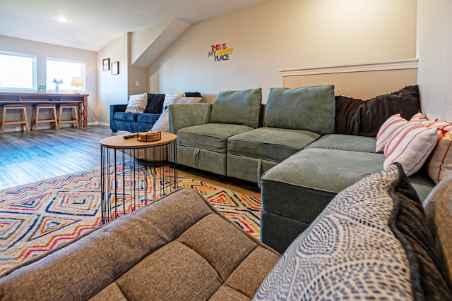 living room featuring wood-type flooring and lofted ceiling