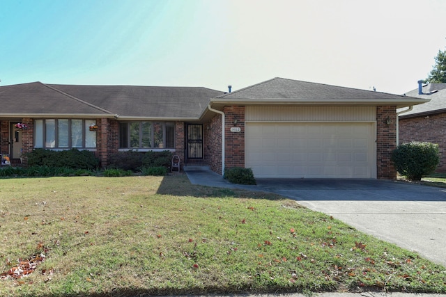 single story home with a front yard and a garage