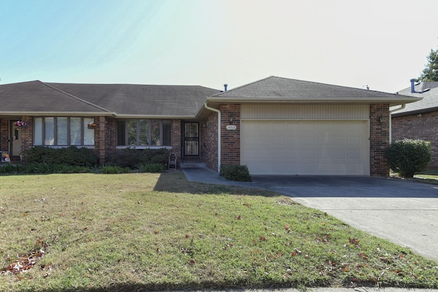 1462 E Powell St, Springfield, MO 65804 - single story home with a garage, concrete driveway, brick siding, a front lawn, and a shingled roof