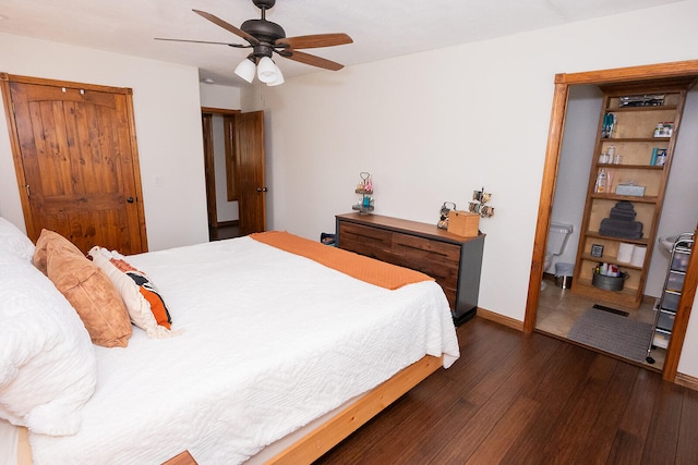 bedroom featuring ceiling fan and dark hardwood / wood-style flooring