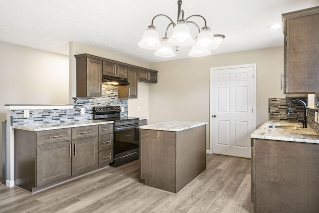 kitchen featuring a sink, under cabinet range hood, a center island, backsplash, and electric range
