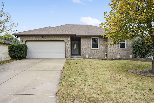 ranch-style house with a garage, brick siding, a front lawn, and driveway