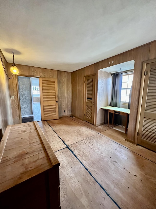 unfurnished living room with wooden walls and plenty of natural light