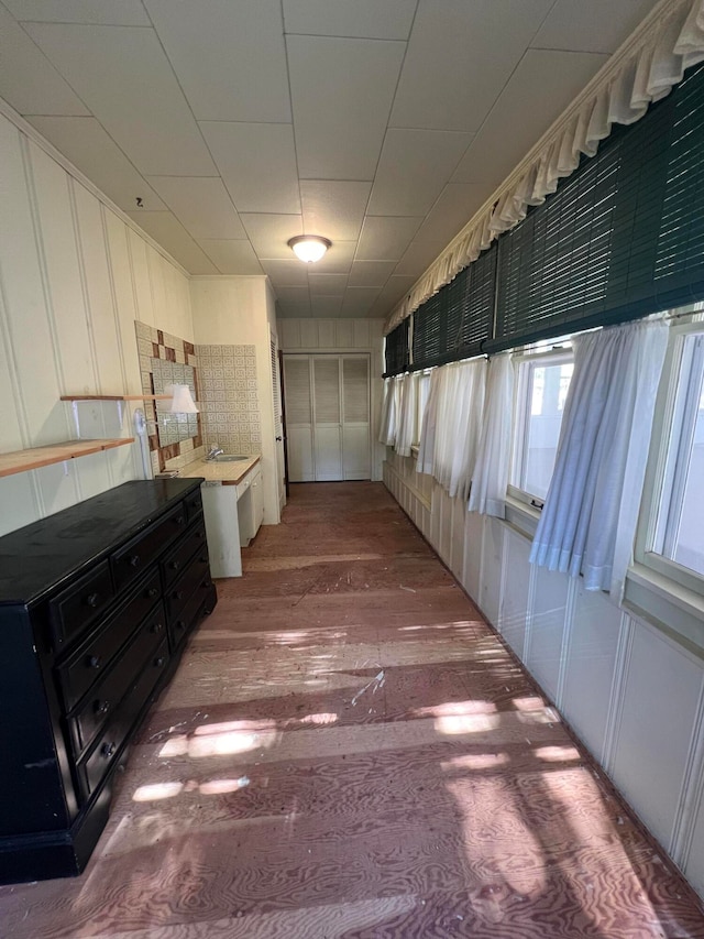 corridor with hardwood / wood-style flooring and sink