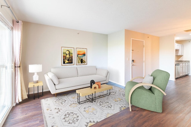 living room featuring dark wood-type flooring