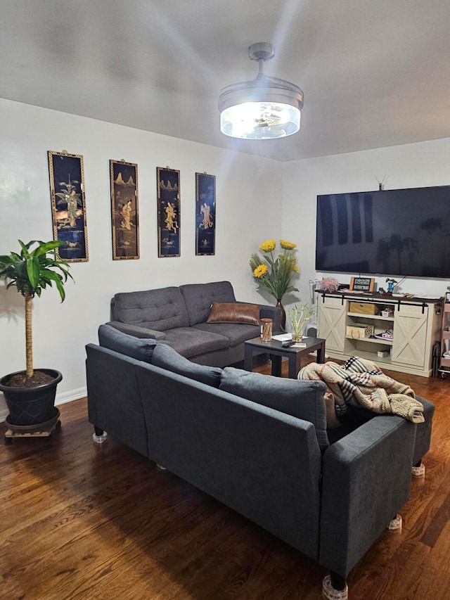 living room featuring dark wood-type flooring