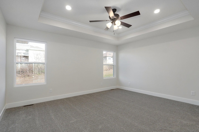 spare room featuring a tray ceiling, carpet floors, and ornamental molding