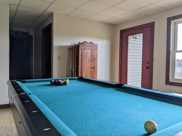 game room with a paneled ceiling, billiards, and carpet flooring