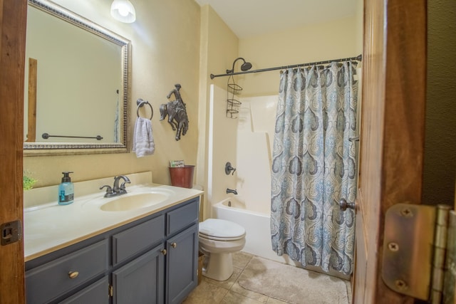 full bathroom featuring vanity, shower / bath combo, toilet, and tile patterned flooring