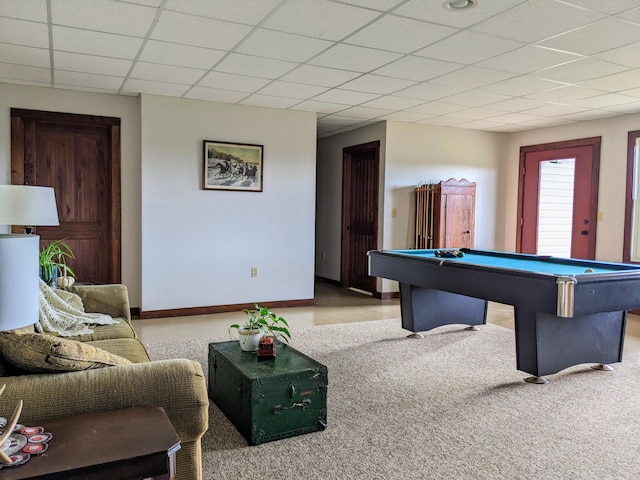 rec room with pool table and a paneled ceiling