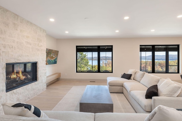 living room featuring light hardwood / wood-style floors and a fireplace