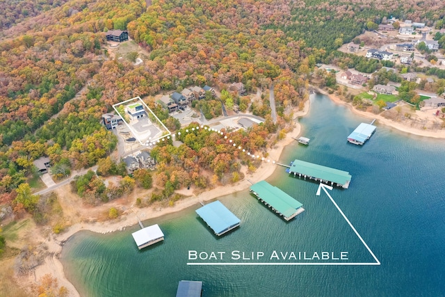 birds eye view of property with a water view and a view of trees