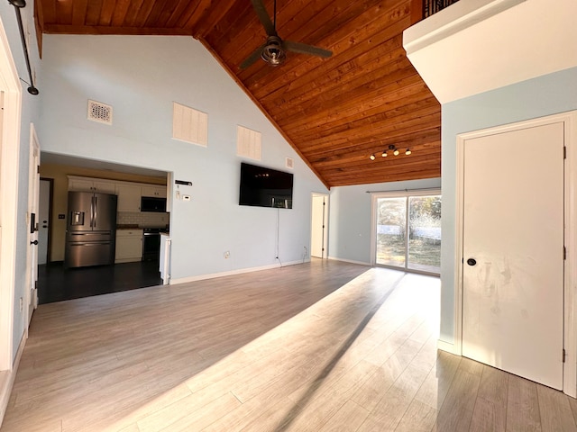 unfurnished living room featuring ceiling fan, high vaulted ceiling, wooden ceiling, and light wood-type flooring