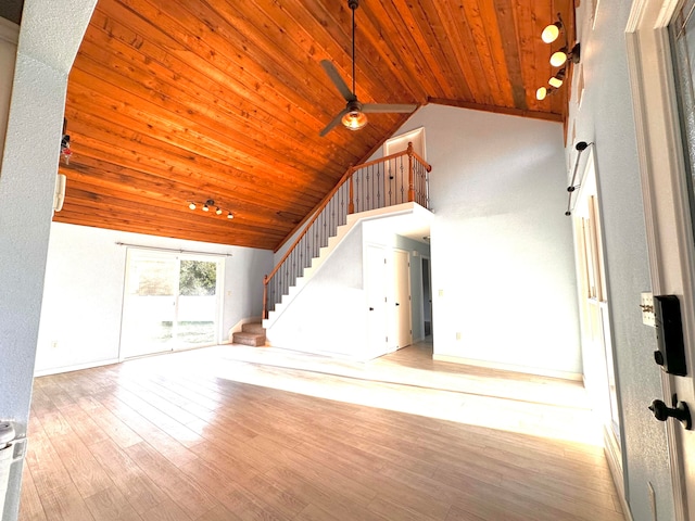 unfurnished living room with lofted ceiling, light hardwood / wood-style flooring, wood ceiling, and ceiling fan