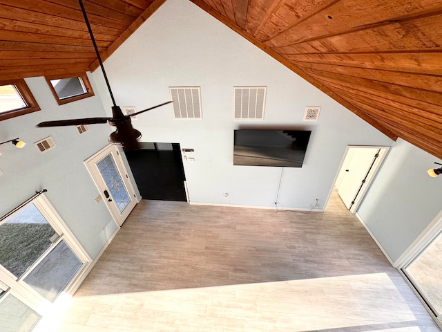 unfurnished living room featuring ceiling fan, high vaulted ceiling, wooden ceiling, and light wood-type flooring