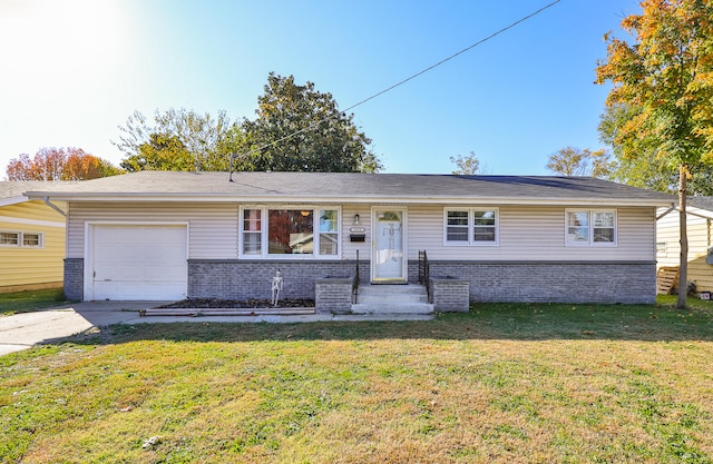 ranch-style home with a garage and a front lawn