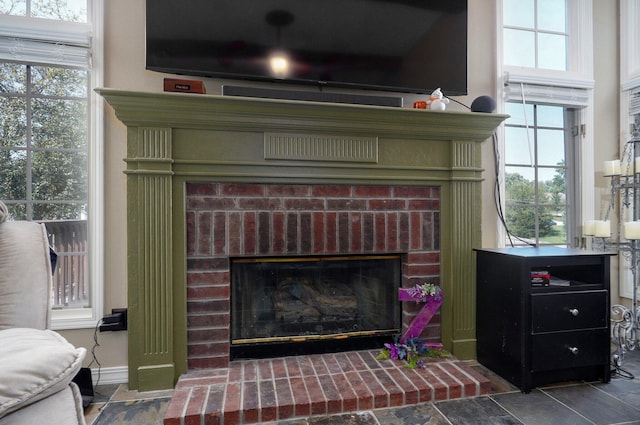 interior details featuring a fireplace