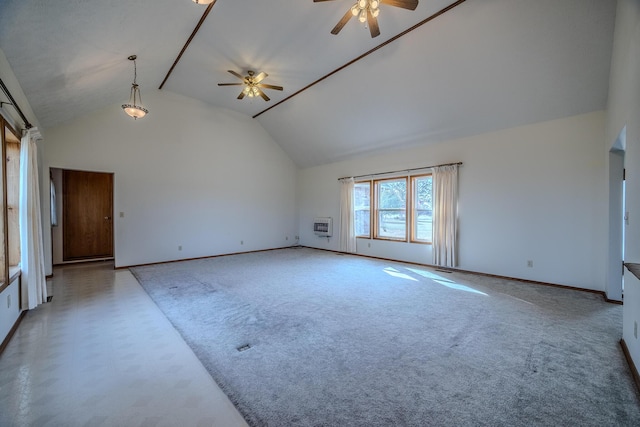 unfurnished living room featuring baseboards, an AC wall unit, a ceiling fan, carpet, and vaulted ceiling