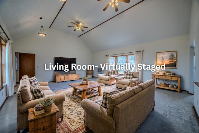 living room with ceiling fan, high vaulted ceiling, and dark colored carpet