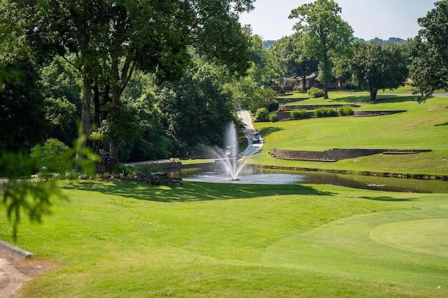 view of property's community featuring a water view and a lawn