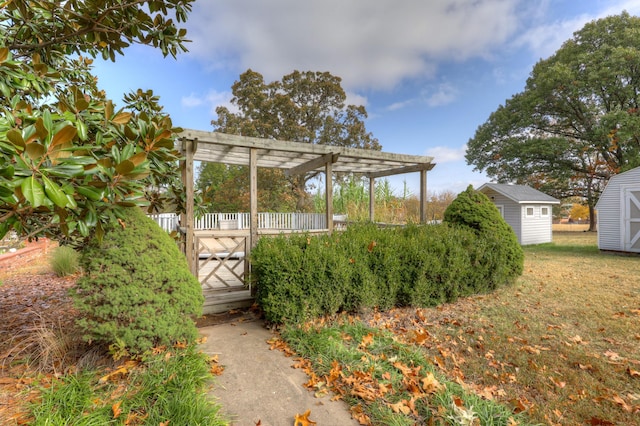 view of yard with a shed and a pergola