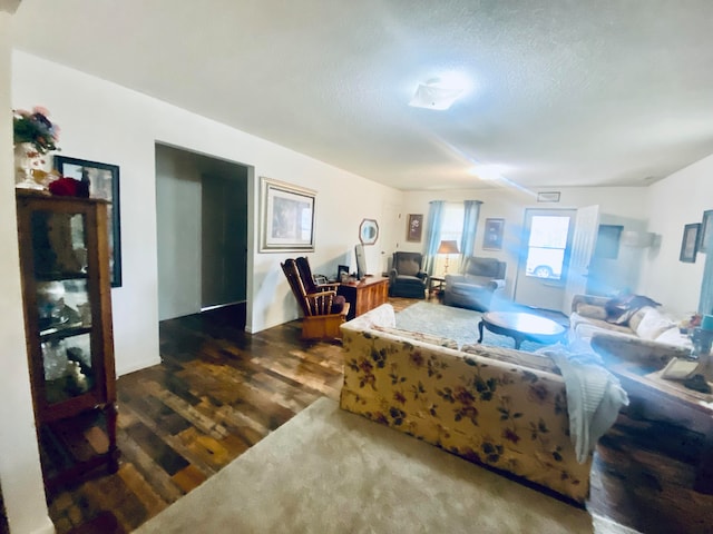 living room featuring dark wood-type flooring and a textured ceiling