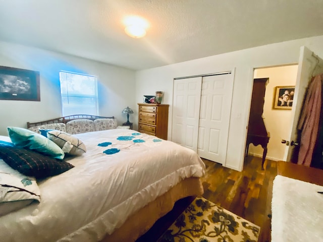 bedroom featuring dark hardwood / wood-style floors and a closet