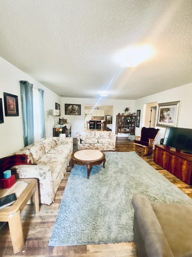 living room featuring a textured ceiling and wood finished floors