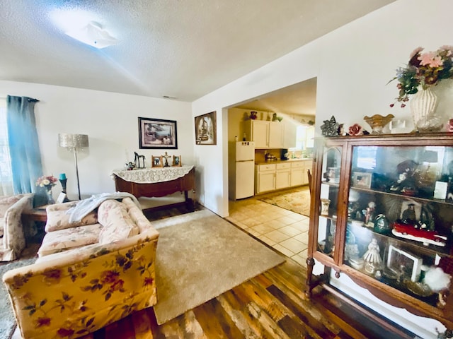 living room with a healthy amount of sunlight, a textured ceiling, and hardwood / wood-style floors