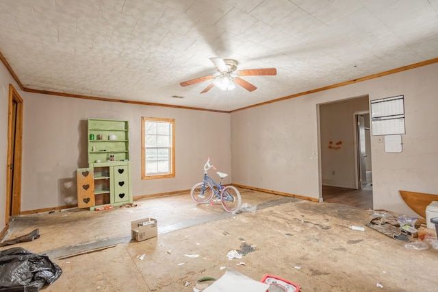 interior space featuring ceiling fan and crown molding