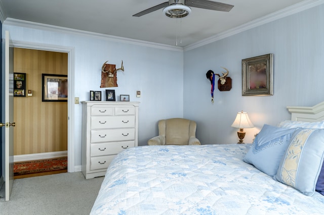 bedroom with crown molding, light carpet, and ceiling fan