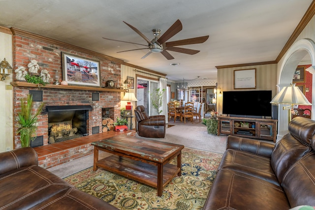 15778 Lawrence Unit 2130, Mount Vernon, MO 65712 - carpeted living area with ceiling fan, crown molding, and a fireplace