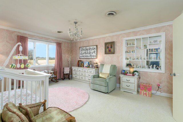 15778 Lawrence Unit 2130, Mount Vernon, MO 65712 - bedroom with wallpapered walls, carpet floors, a chandelier, a nursery area, and baseboards