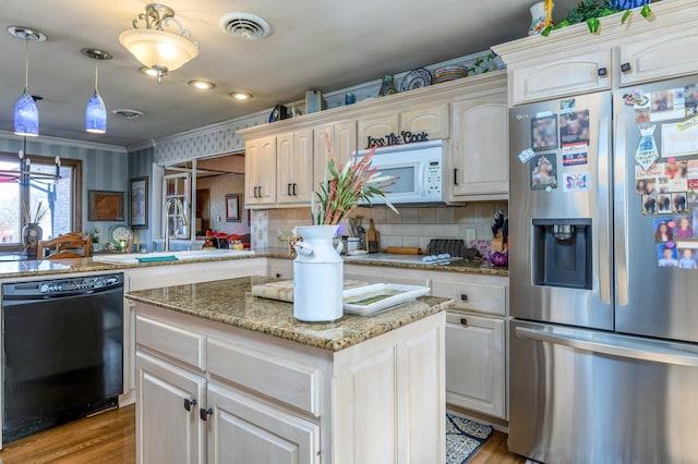 15778 Lawrence Unit 2130, Mount Vernon, MO 65712 - kitchen with stainless steel fridge with ice dispenser, dishwasher, a sink, white microwave, and light wood finished floors