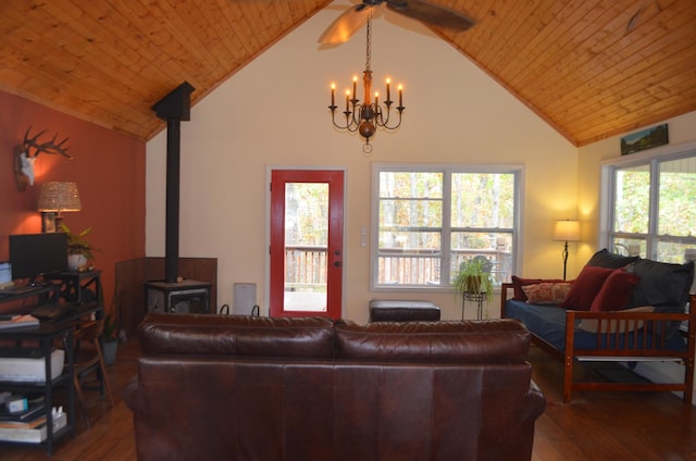 4435 Olga Rd, Fordland, MO 65652 - living area featuring hardwood / wood-style flooring, wood ceiling, a wood stove, and ceiling fan with notable chandelier