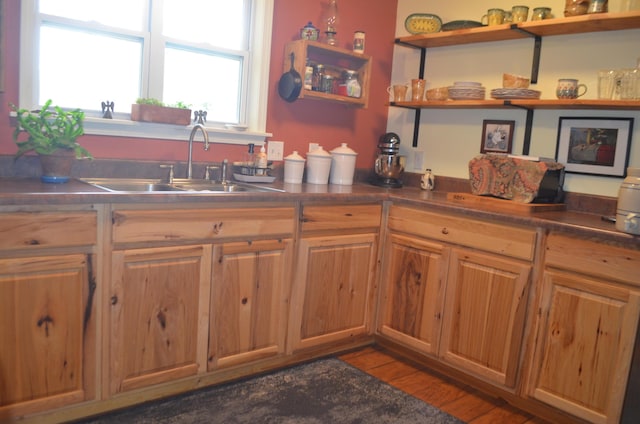 4435 Olga Rd, Fordland, MO 65652 - kitchen with open shelves, dark countertops, a sink, and wood finished floors
