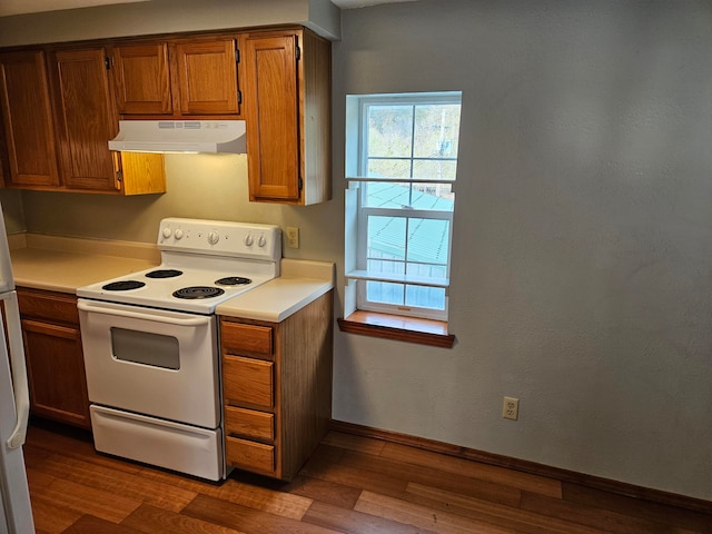 kitchen featuring electric range and dark hardwood / wood-style floors