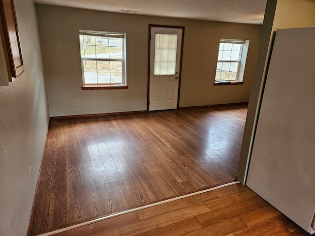 interior space with a textured ceiling, wood-type flooring, and a wealth of natural light