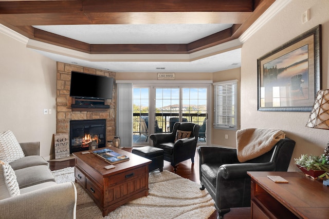 living room featuring crown molding, hardwood / wood-style flooring, a fireplace, and a raised ceiling