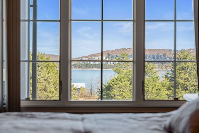 unfurnished bedroom with multiple windows and a water view