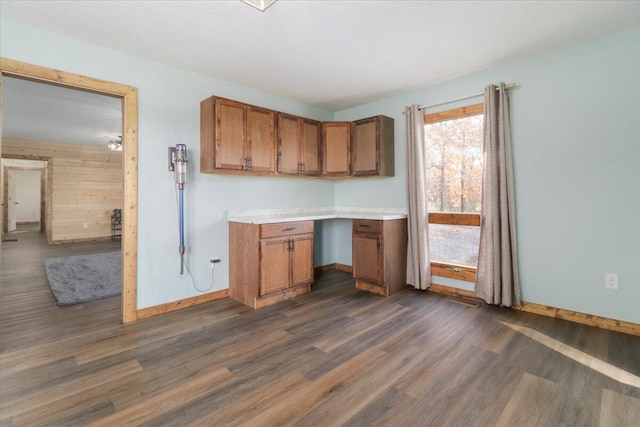 kitchen featuring dark hardwood / wood-style floors and wood walls