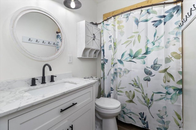 bathroom featuring vanity, a shower with shower curtain, and toilet