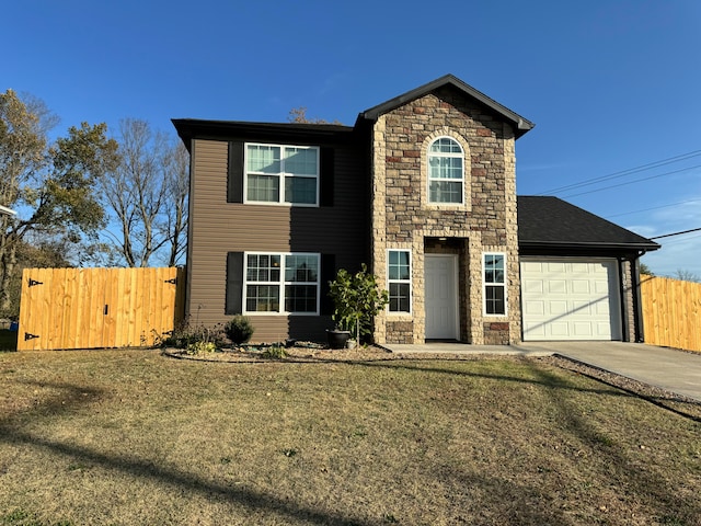 front facade with a garage and a front lawn