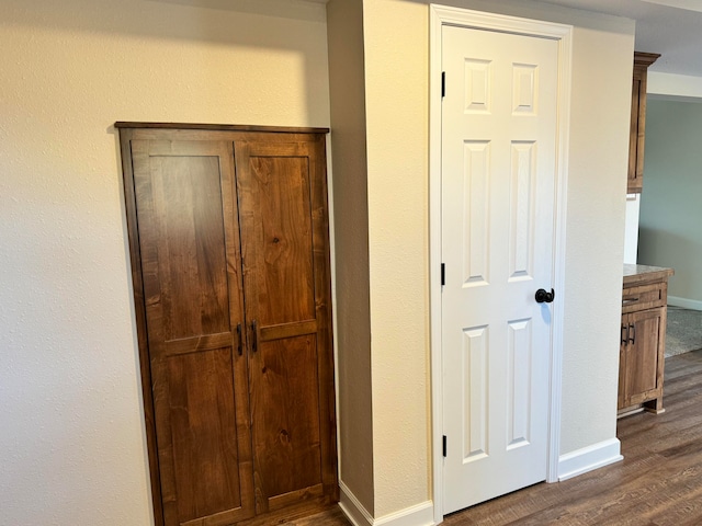 hallway with dark hardwood / wood-style flooring