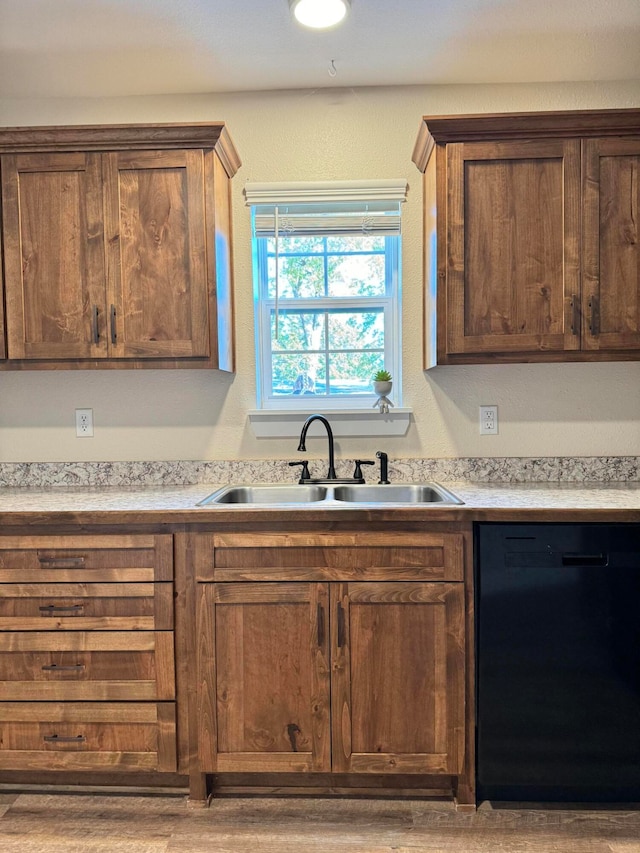 kitchen featuring black dishwasher, hardwood / wood-style flooring, and sink