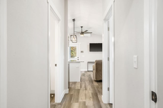 hallway featuring light hardwood / wood-style flooring and vaulted ceiling