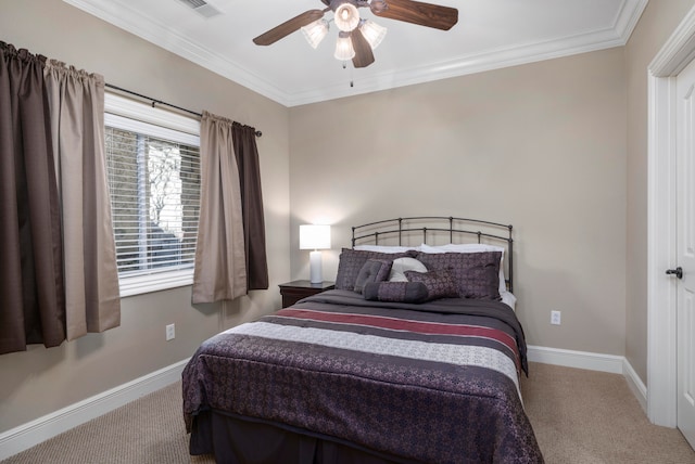 bedroom with light carpet, crown molding, and ceiling fan